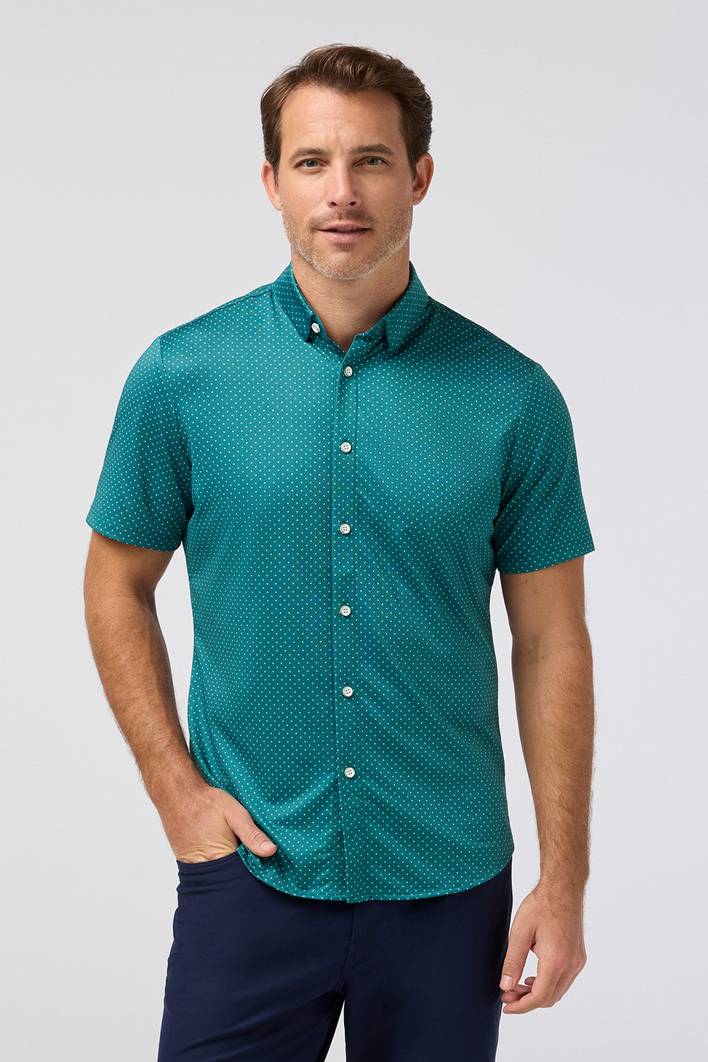 Mizzen+Main Halyard Trim Fit Short Sleeve Performance Button-Up Shirt in Green